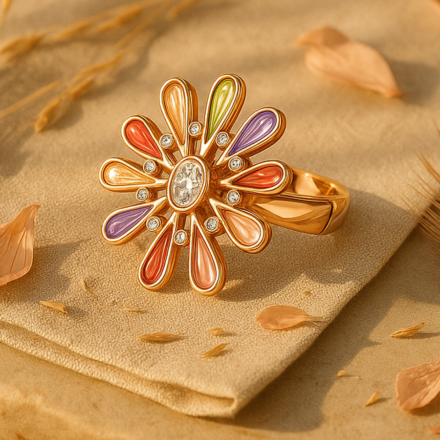 Aanura Rose Gold Multicolor Floral Crystal Statement Ring