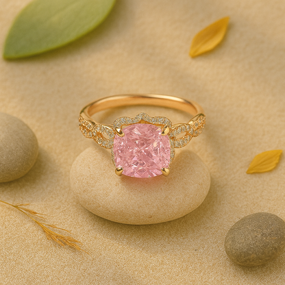Aanura Pink Cushion Cut Gold Ring – Elegant Infinity Design