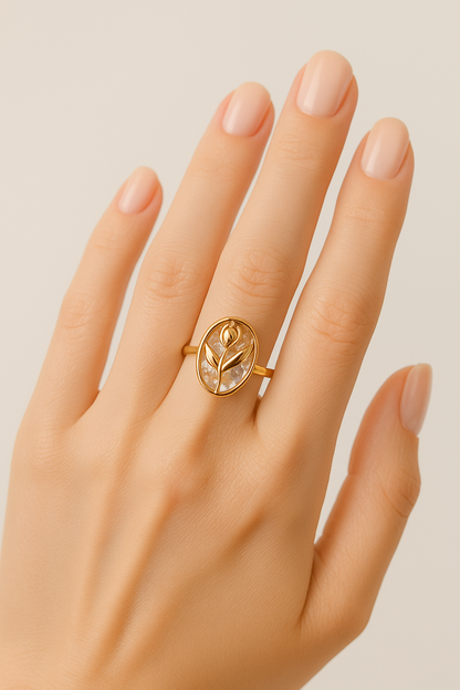 Aanura Tulip Emblem Gold & Crystal Oval Statement Ring