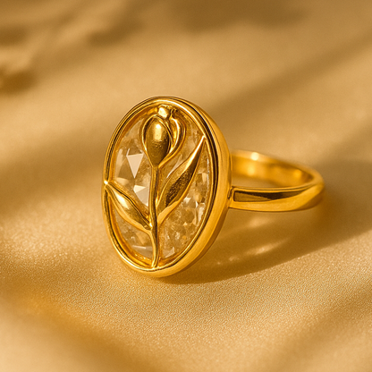 Aanura Tulip Emblem Gold & Crystal Oval Statement Ring