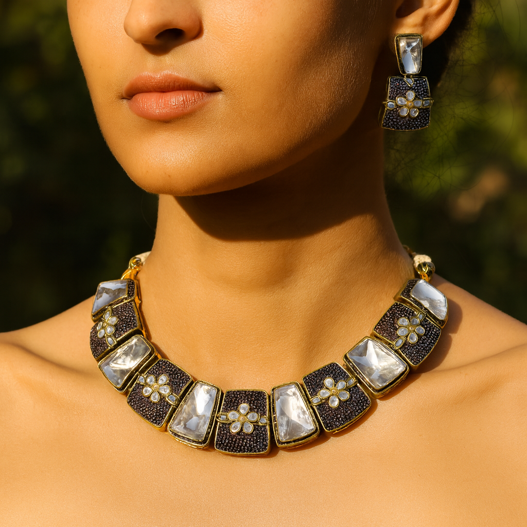 Aanura Bold Kundan Block Necklace Set with Earrings