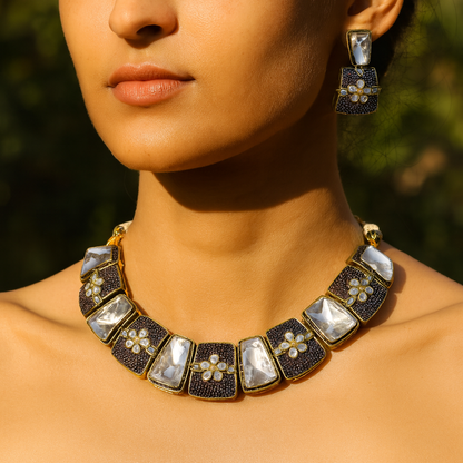 Aanura Bold Kundan Block Necklace Set with Earrings