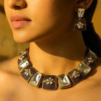 Aanura Bold Kundan Block Necklace Set with Earrings