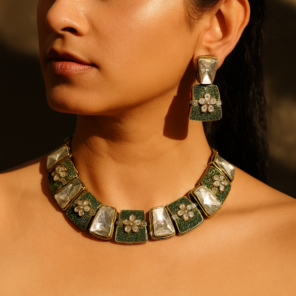 Aanura Bold Kundan Block Necklace Set with Earrings