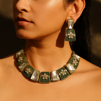 Aanura Bold Kundan Block Necklace Set with Earrings