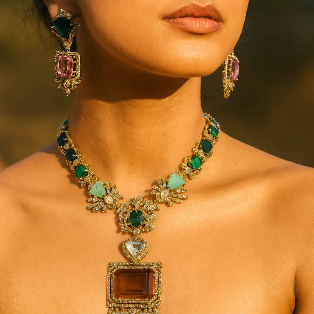 Aanura Grand Emerald Green Square Pendant Necklace Set
