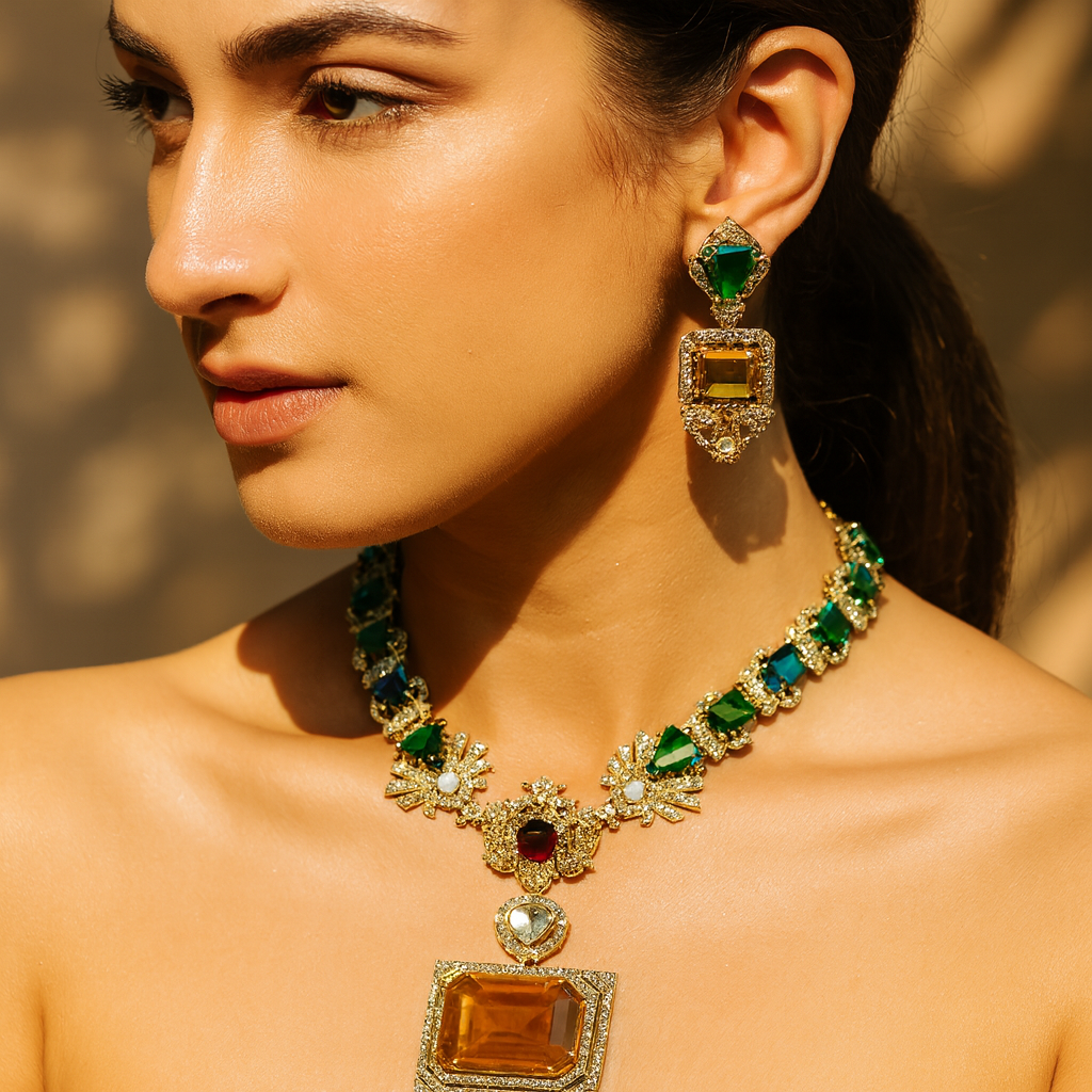 Aanura Grand Emerald Green Square Pendant Necklace Set
