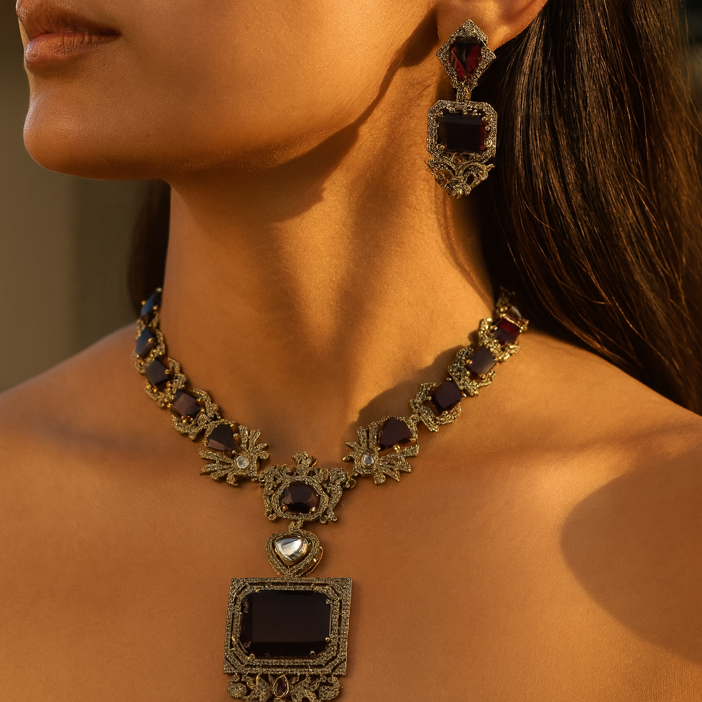 Aanura Grand Emerald Green Square Pendant Necklace Set