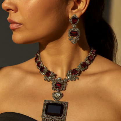 Aanura Grand Emerald Green Square Pendant Necklace Set