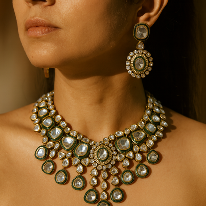 Aanura Layered Kundan Bridal Necklace with Earrings