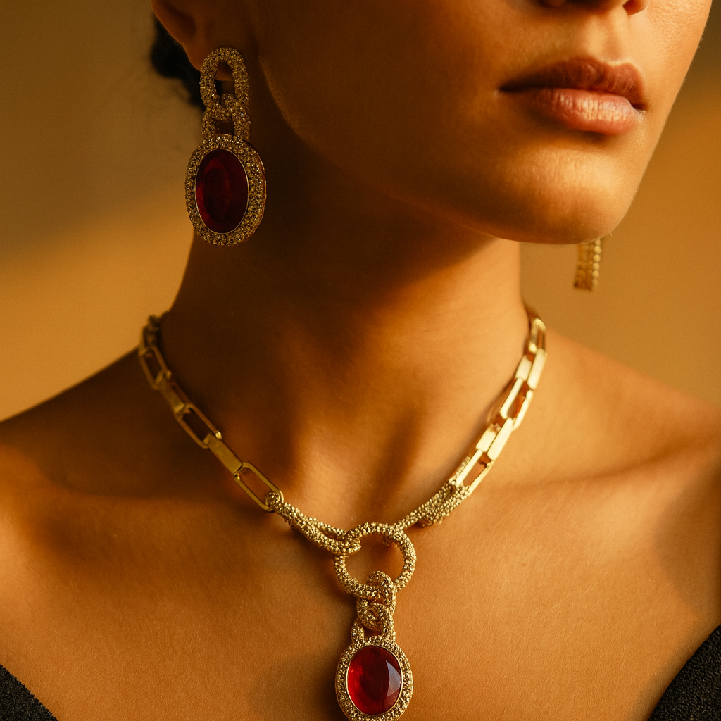 Aanura Red Stone Chain-Link Necklace with Earrings