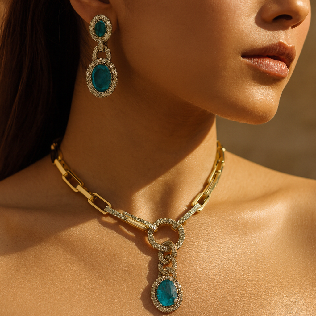 Aanura Red Stone Chain-Link Necklace with Earrings