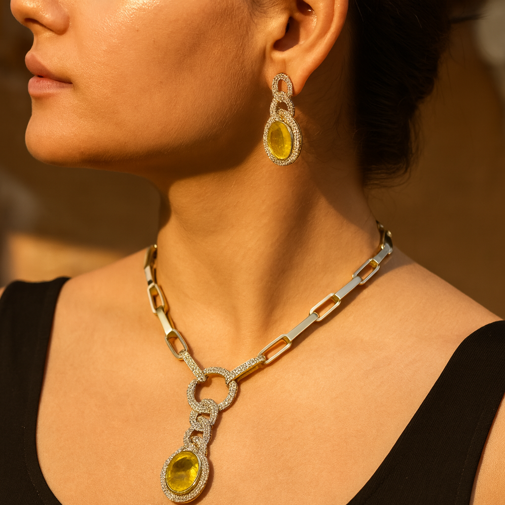 Aanura Red Stone Chain-Link Necklace with Earrings