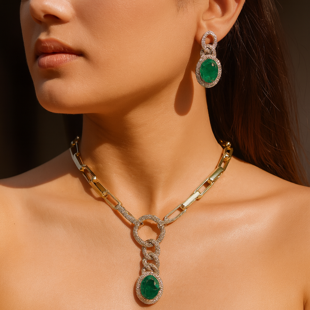 Aanura Red Stone Chain-Link Necklace with Earrings