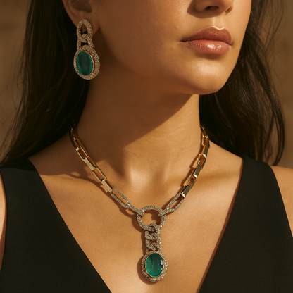 Aanura Red Stone Chain-Link Necklace with Earrings