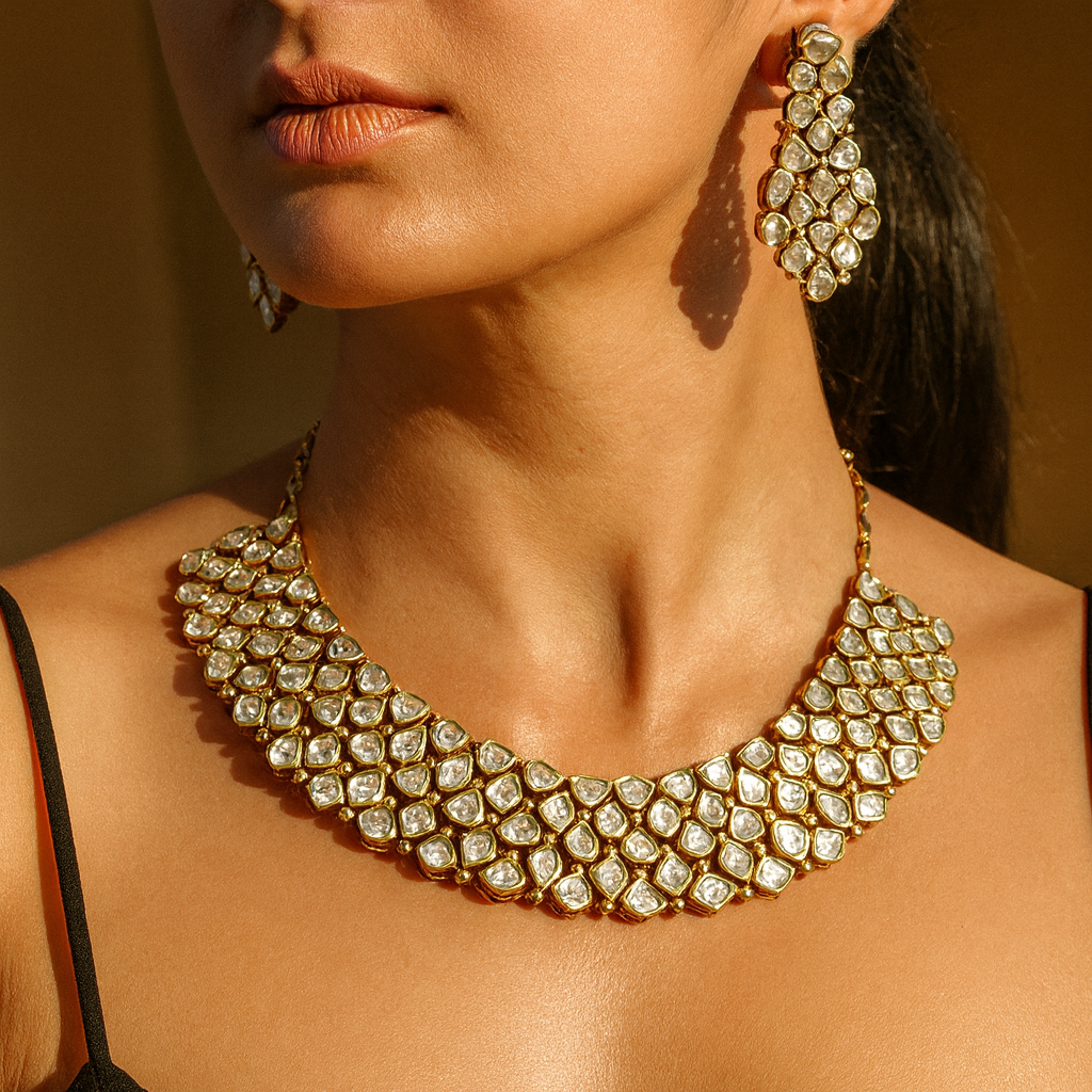 Aanura Grand Kundan Choker Necklace with Earrings