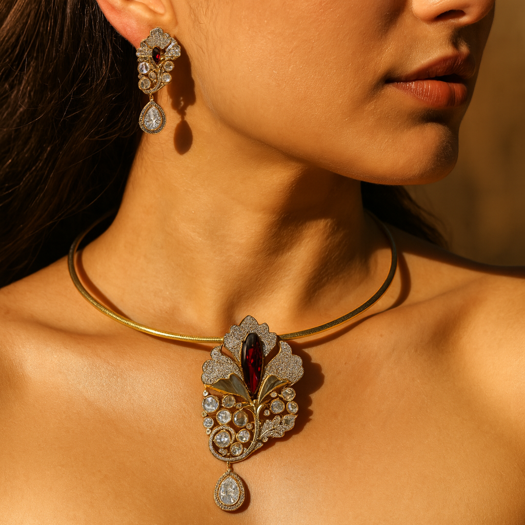 Aanura Red Stone Floral Choker Necklace with Earrings