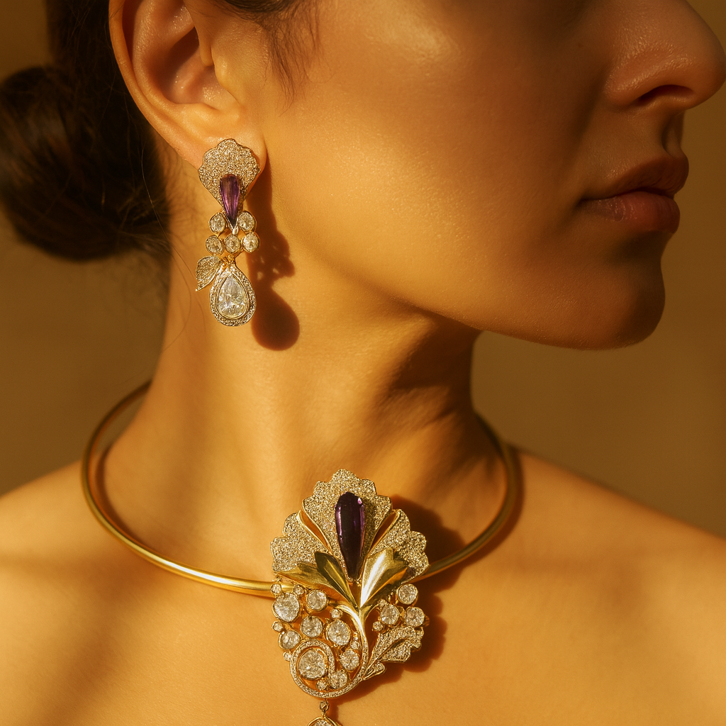 Aanura Red Stone Floral Choker Necklace with Earrings