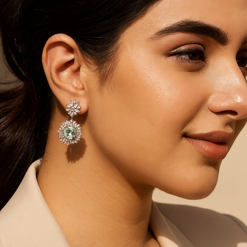 Aanura Silver Green Crystal Halo Drop Earrings