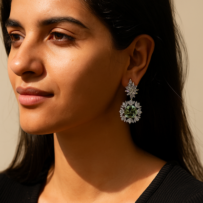Aanura Silver Green Crystal Halo Drop Earrings