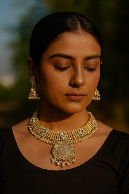 Aanura Kundan Choker Necklace with Green Stones & Pearls