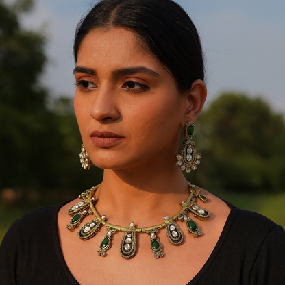 Aanura Kundan Necklace with Olive Green Stone Drops