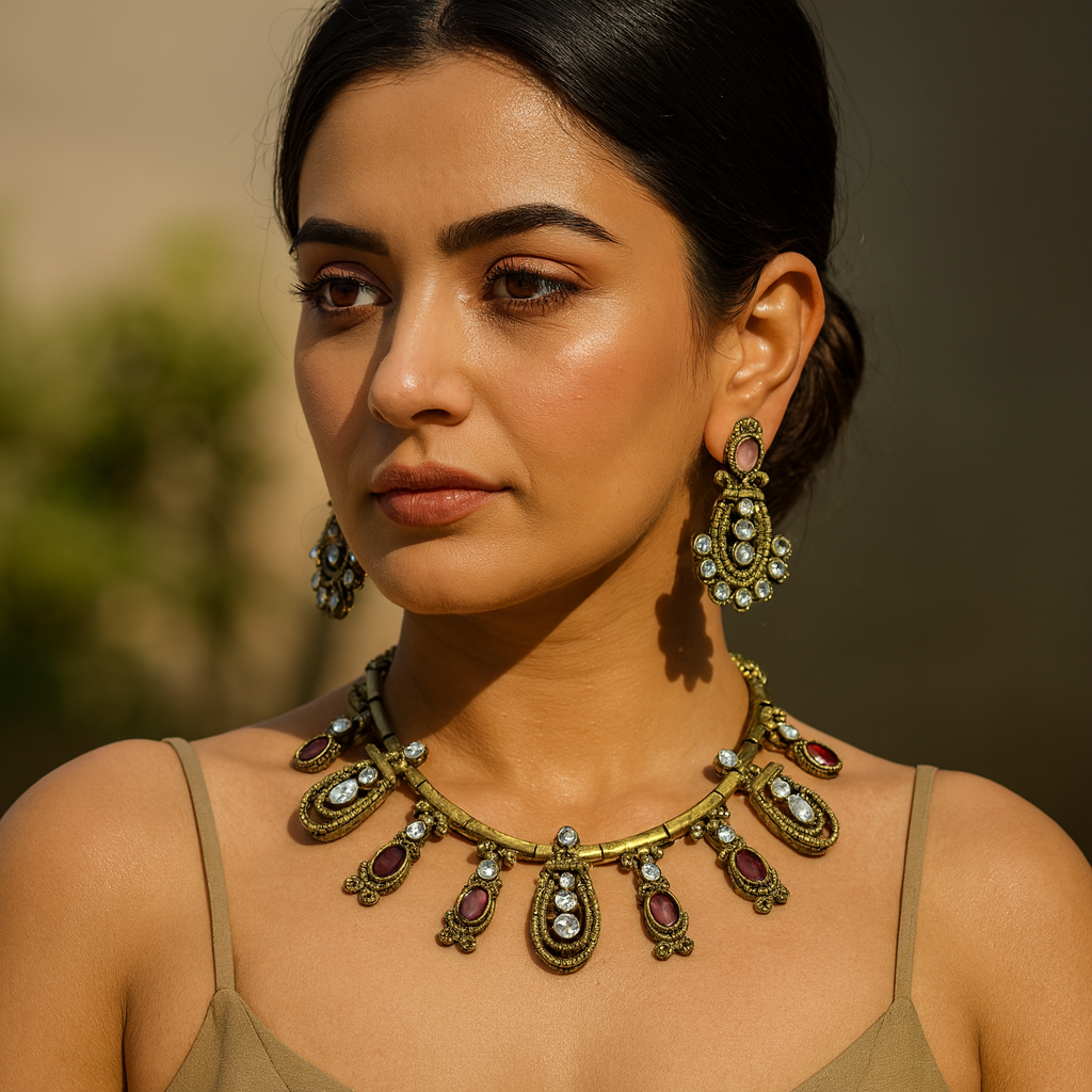 Aanura Kundan Necklace with Olive Green Stone Drops