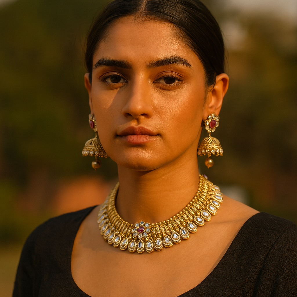 Aanura Kundan Choker Necklace with Floral Design & Earrings