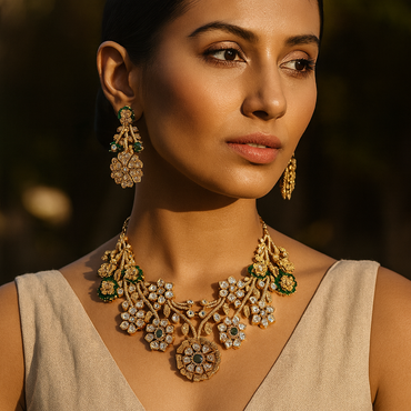 Aanura Floral Kundan Bridal Necklace Set with Earrings