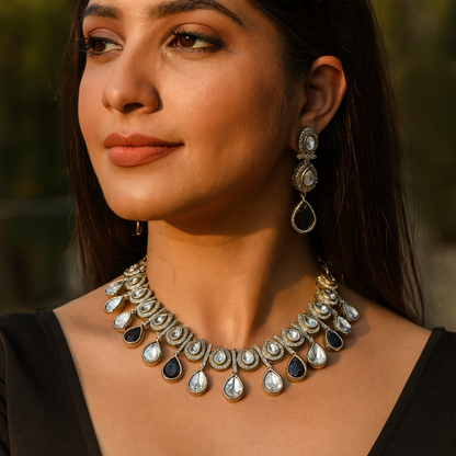 Aanura Teardrop Kundan Necklace with Dual-Tone Drops & Earrings