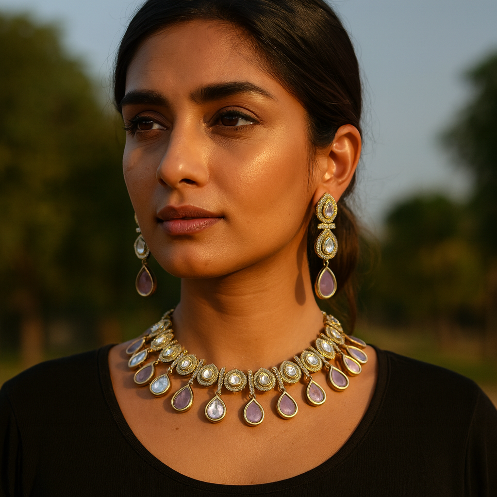Aanura Teardrop Kundan Necklace with Dual-Tone Drops & Earrings