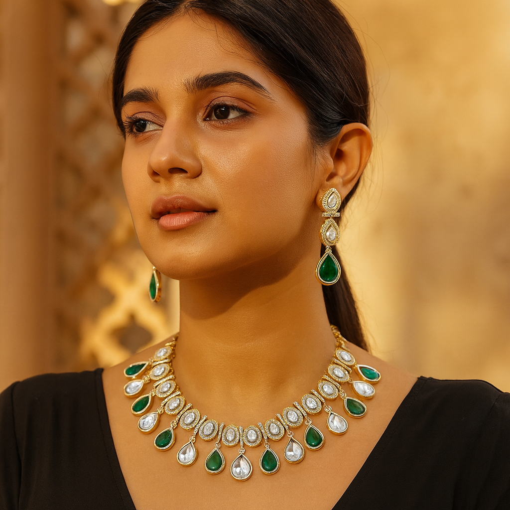 Aanura Teardrop Kundan Necklace with Dual-Tone Drops & Earrings