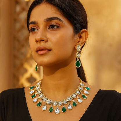 Aanura Teardrop Kundan Necklace with Dual-Tone Drops & Earrings