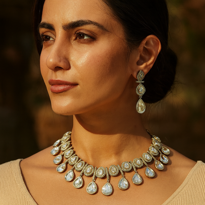 Aanura Teardrop Kundan Necklace with Dual-Tone Drops & Earrings