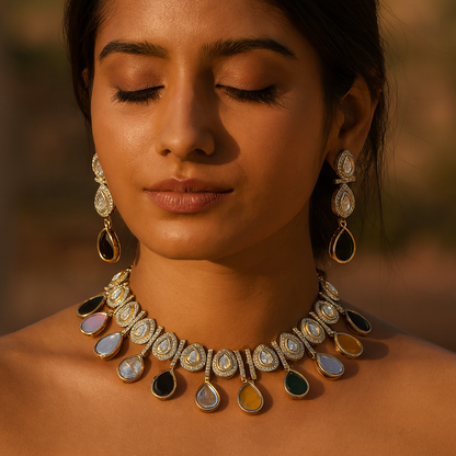 Aanura Teardrop Kundan Necklace with Dual-Tone Drops & Earrings