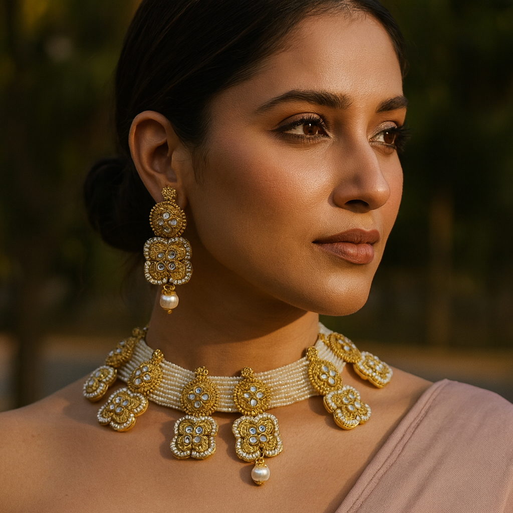 Aanura White Beaded Kundan Choker Necklace with Motifs