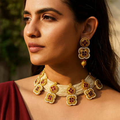 Aanura White Beaded Kundan Choker Necklace with Motifs