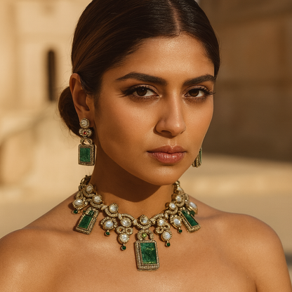 Aanura Green Carved Stone Choker Necklace Set with Earrings