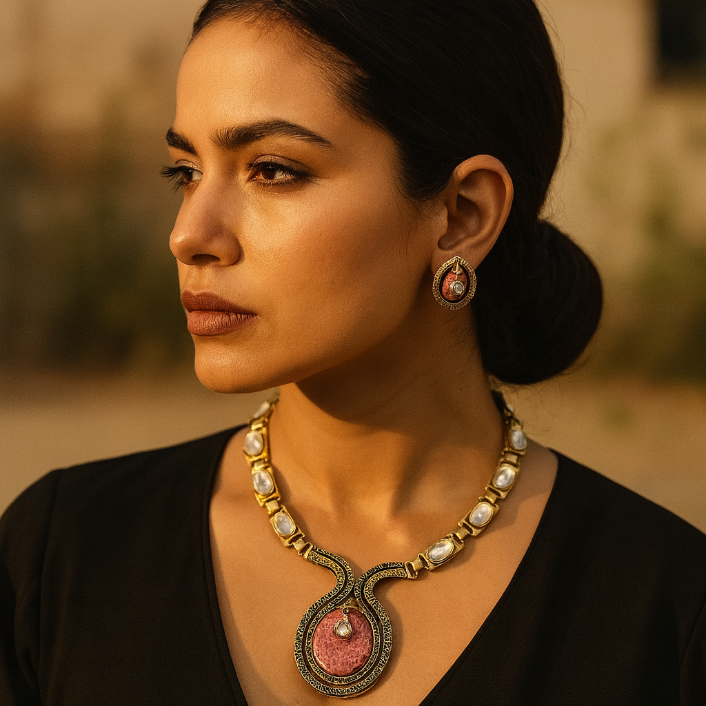 Aanura Long Kundan Necklace with Pink Pendant Design