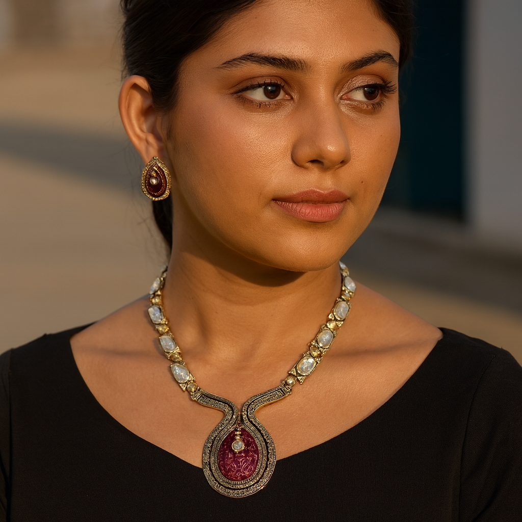 Aanura Long Kundan Necklace with Pink Pendant Design