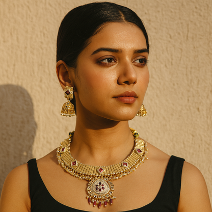 Aanura Kundan Choker Necklace with Green Stones & Pearls