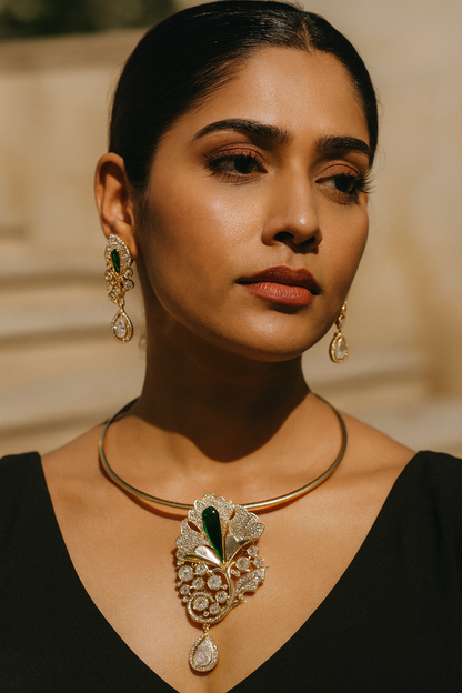 Aanura Red Stone Floral Choker Necklace with Earrings