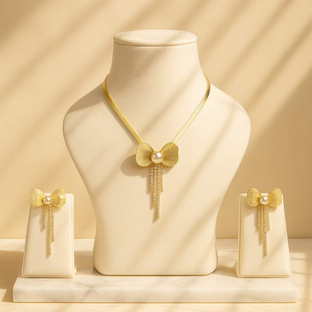 Aanura Golden Pearl Bow Necklace & Earrings Set