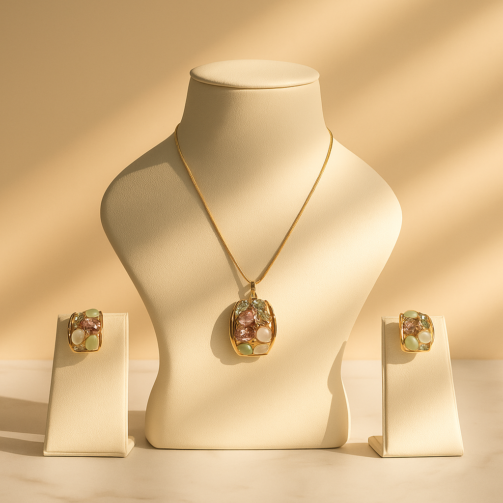 Aanura Pastel Green Peach Rectangular Necklace & Earrings