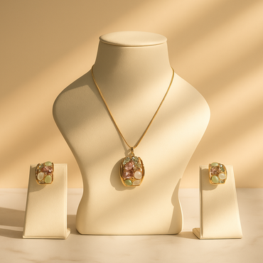 Aanura Pastel Green Peach Rectangular Necklace & Earrings