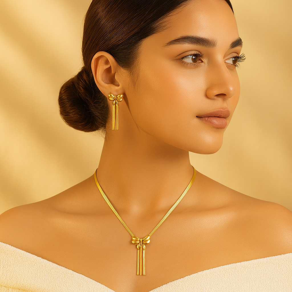 Aanura Golden Ribbon Bow Necklace & Earrings Set