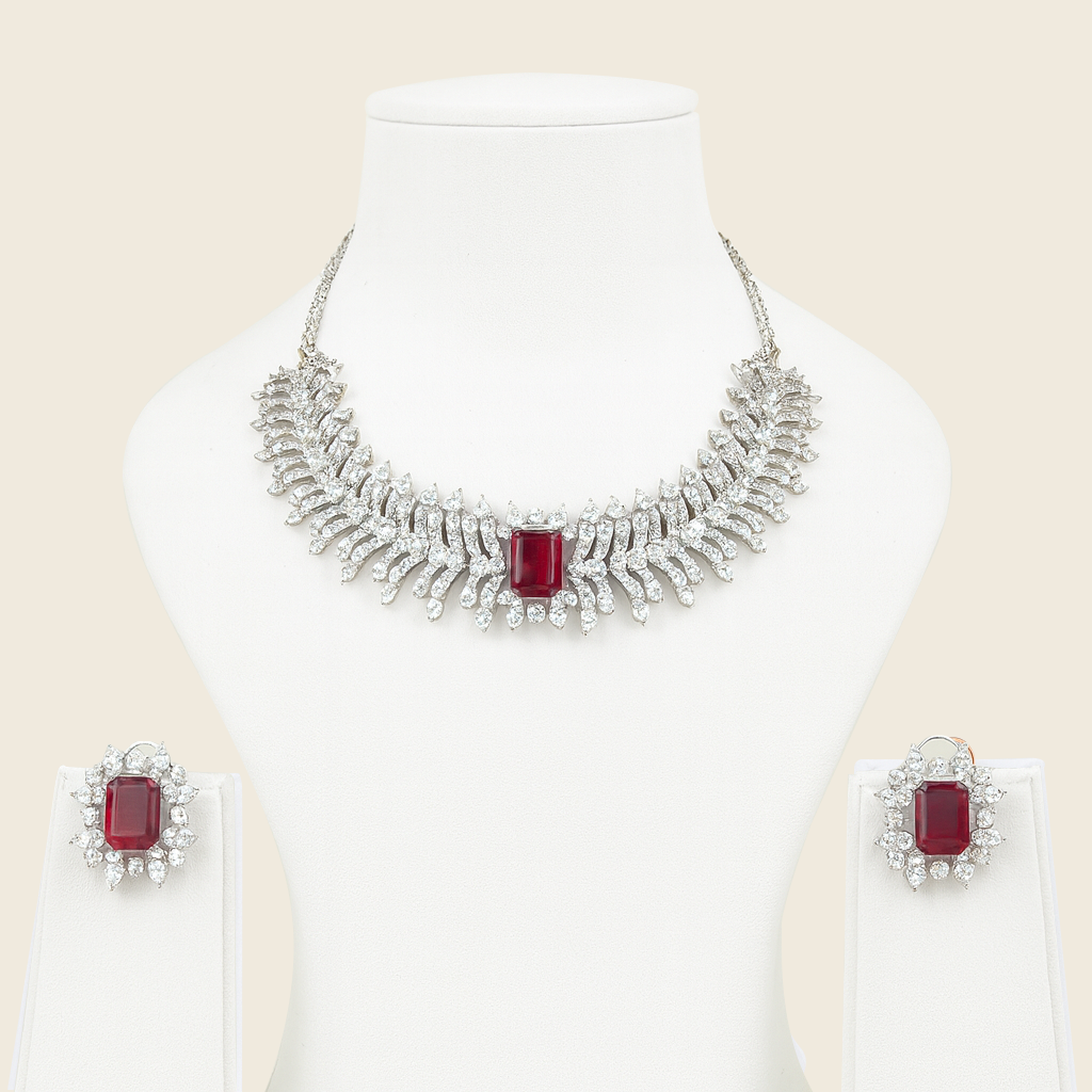 Aanura Ruby Emerald-Cut Necklace Set in Stainless Steel