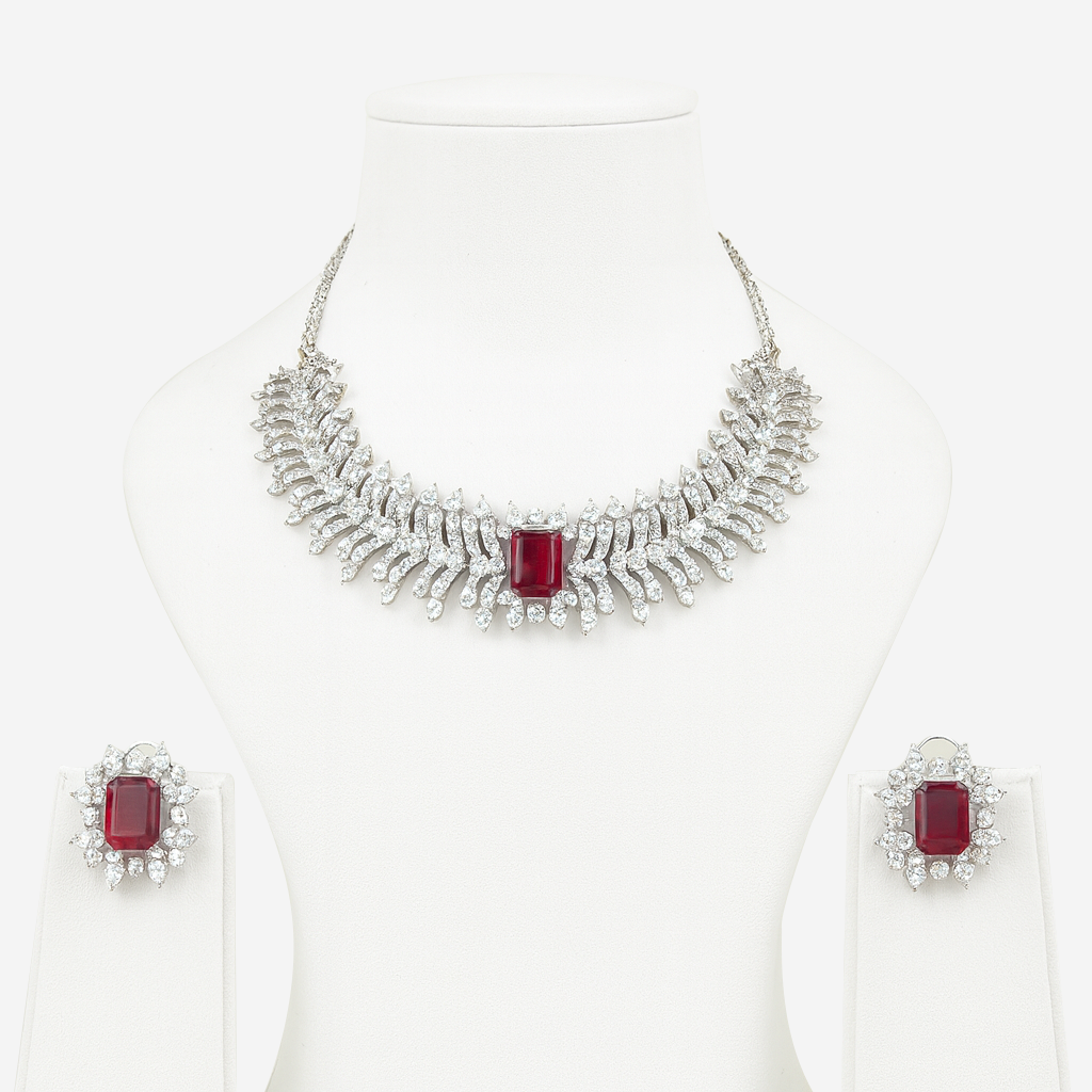 Aanura Ruby Emerald-Cut Necklace Set in Stainless Steel