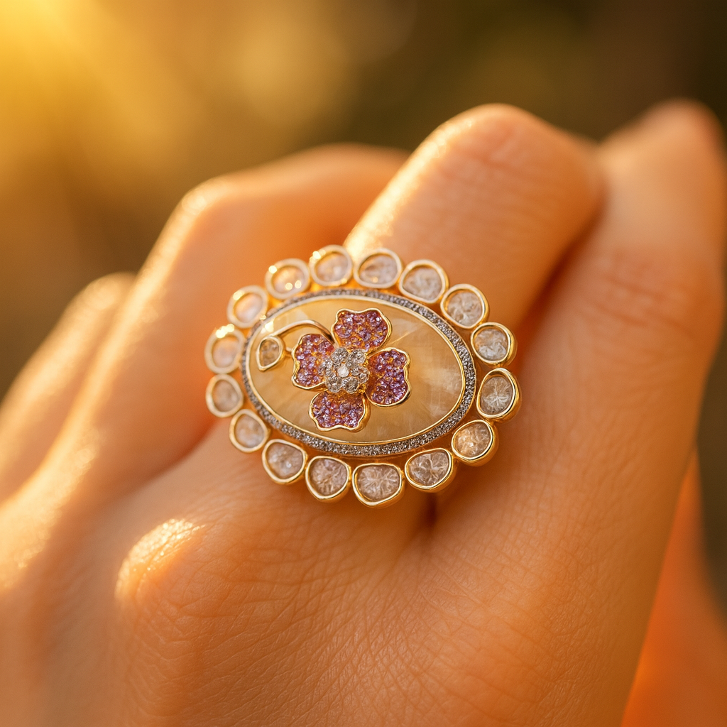 Aanura Gold-Plated Floral Oval Ring with Stones