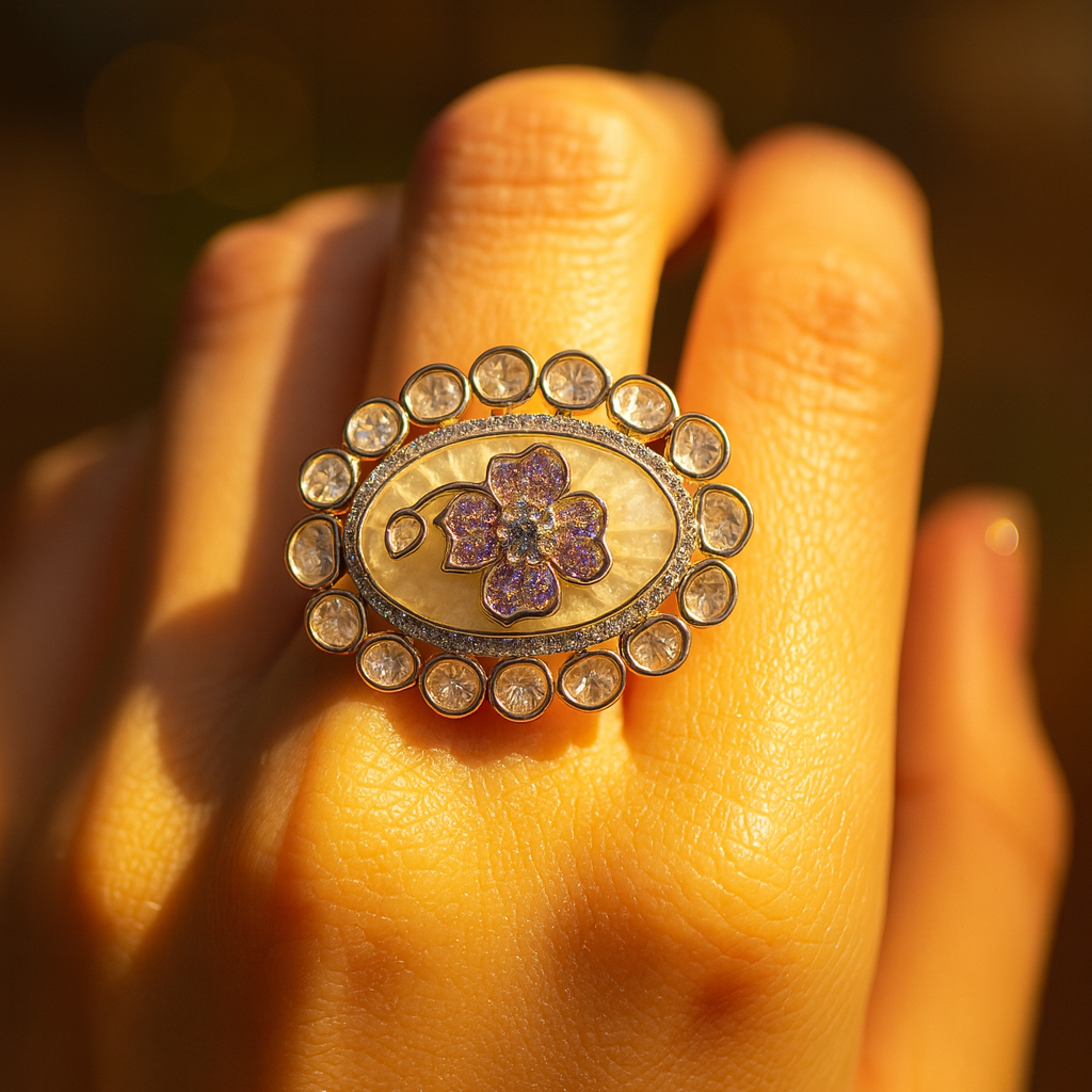 Aanura Gold-Plated Floral Oval Ring with Stones